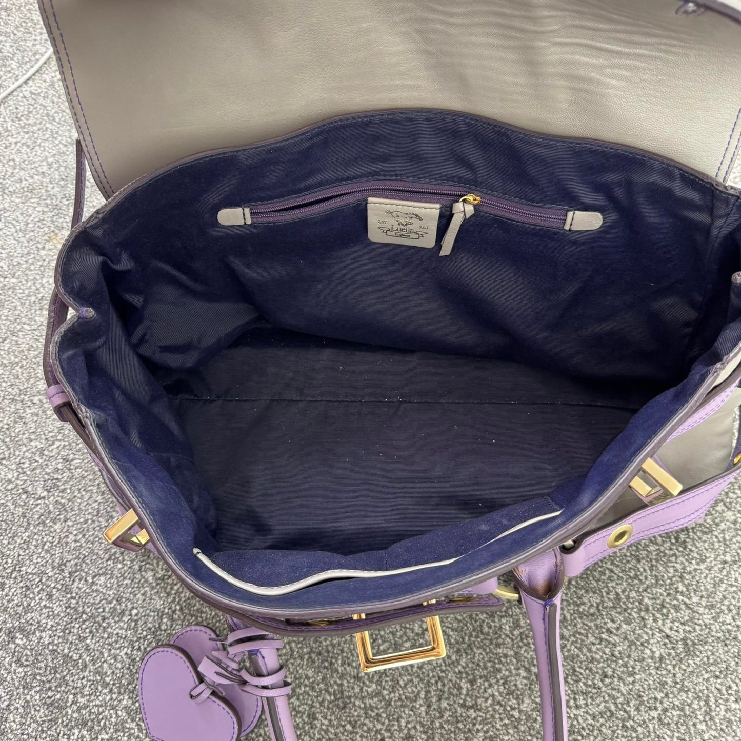 Luella Gisele large handbag grey purple genuine leather two tone grommet hearts