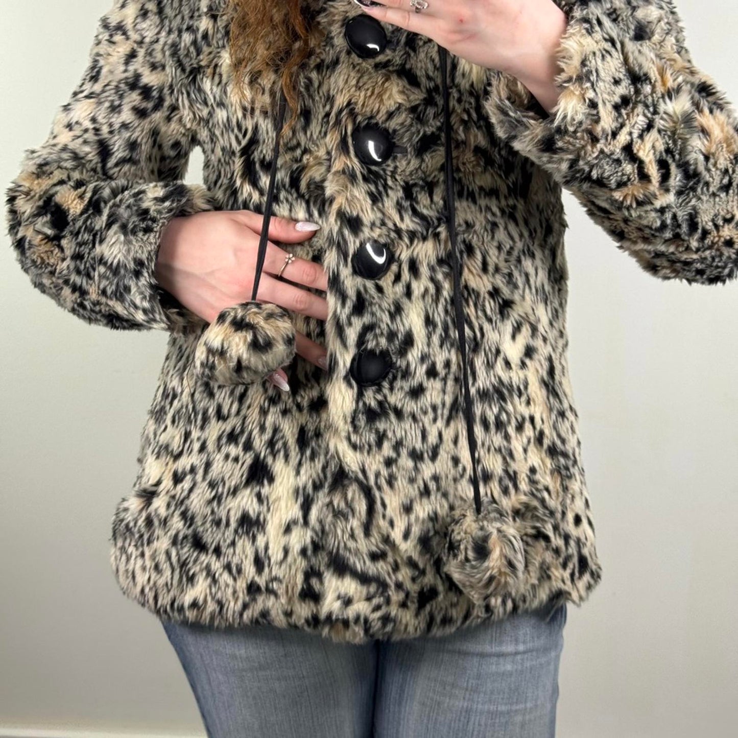 Y2K vintage River Island faux fur leopard print coat button up with hood pom pom