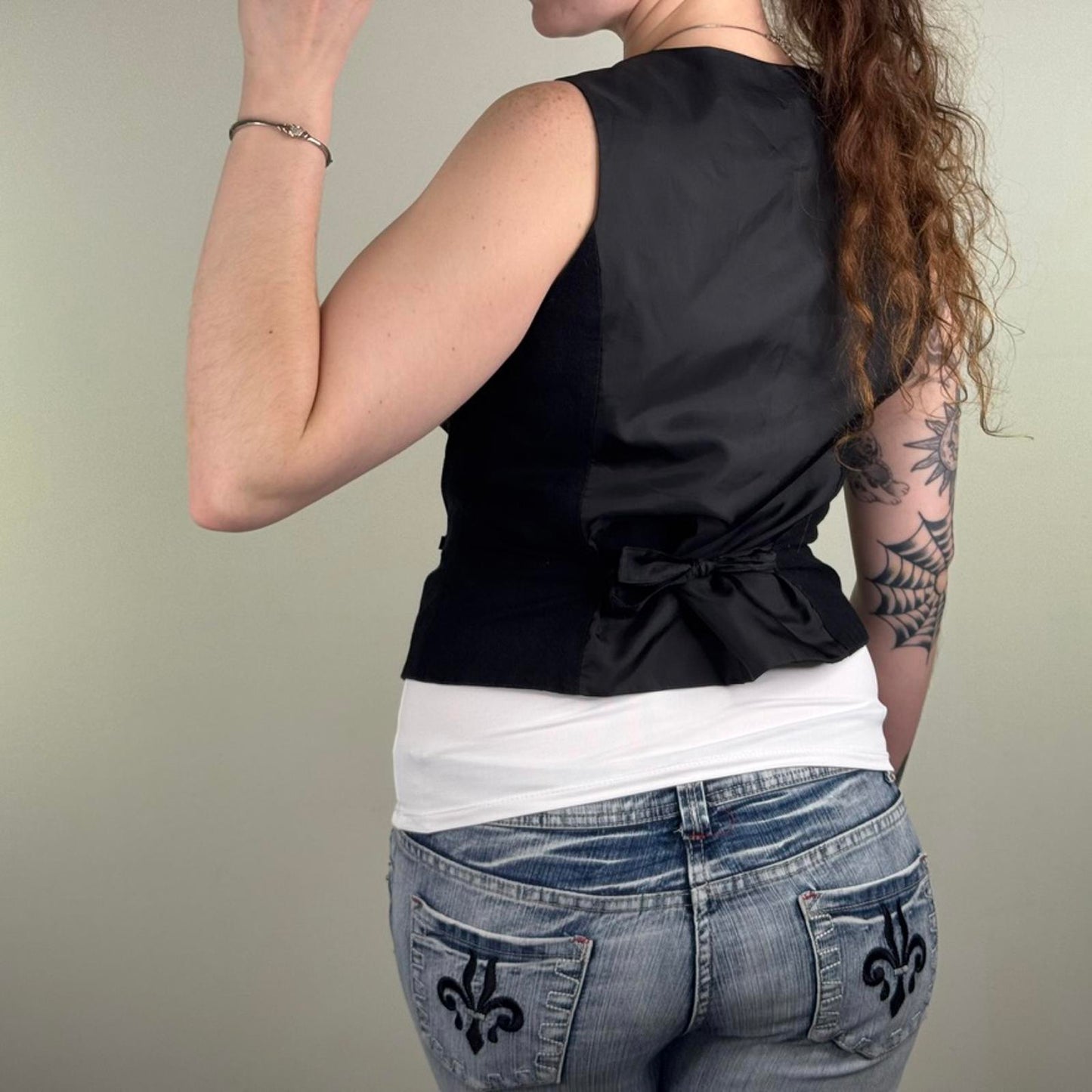Y2K vintage linen blend waistcoat top v neck button up black bow fitted black