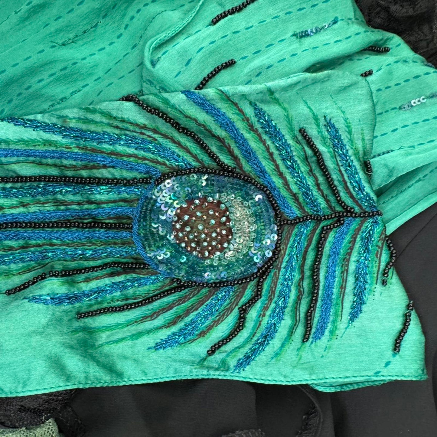 Y2K vintage silk scarf peacock feather beaded sequin fringe lightweight