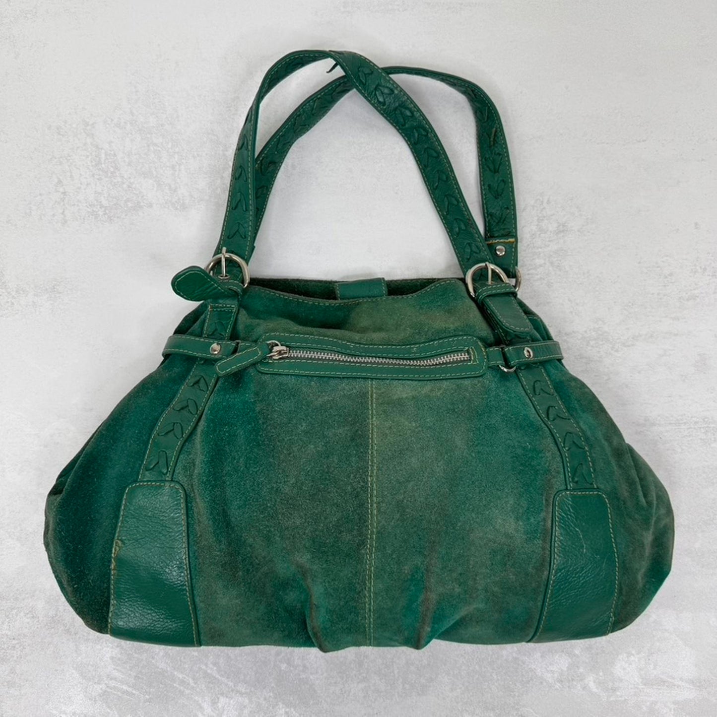 Y2K vintage genuine suede shoulder bag slouchy zipper green silver medium