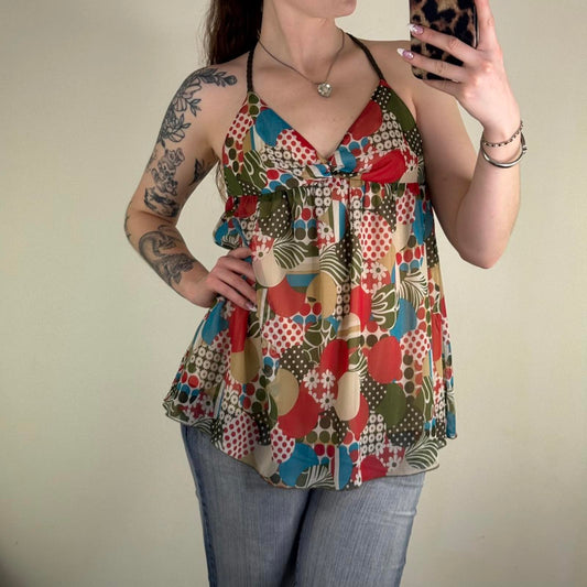 Y2K vintage halter neck top flowy double layer abstract pattern braided v neck