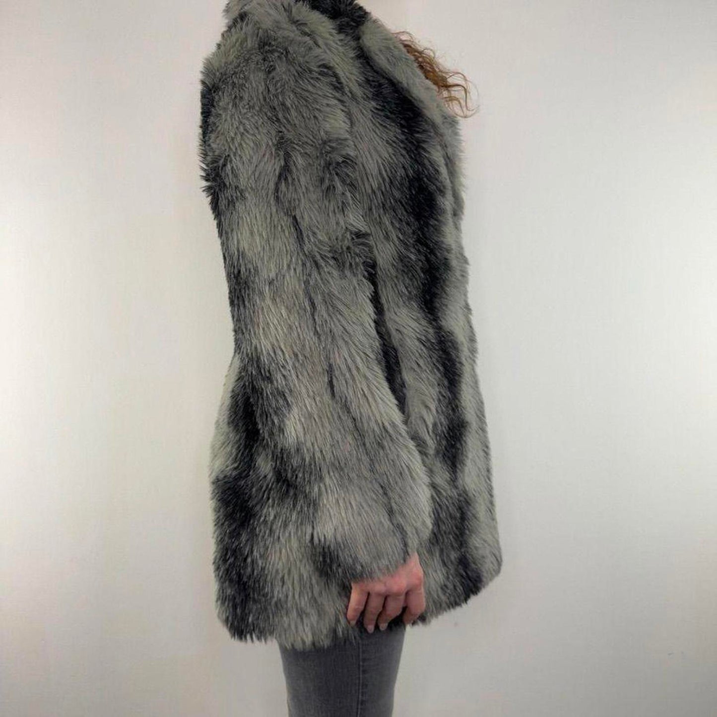 Y2K vintage faux fur mid length coat grey black side pockets stripe warm winter