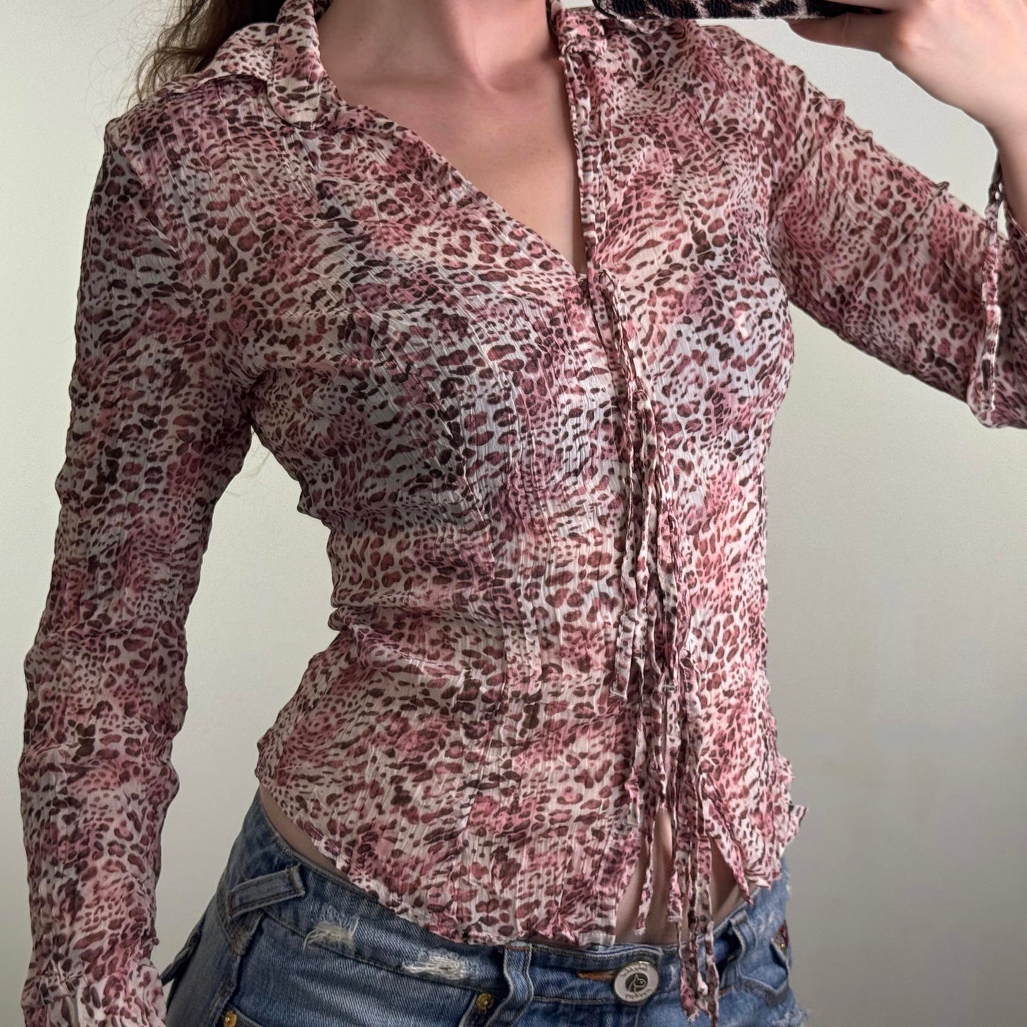 Y2K vintage Per Una leopard print long sleeve blouse shirt crinkle bow v neck