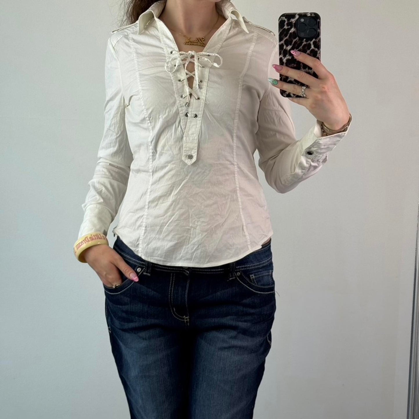 2011 Karen Millen fitted stretchy lace up bust shirt blouse long sleeve white