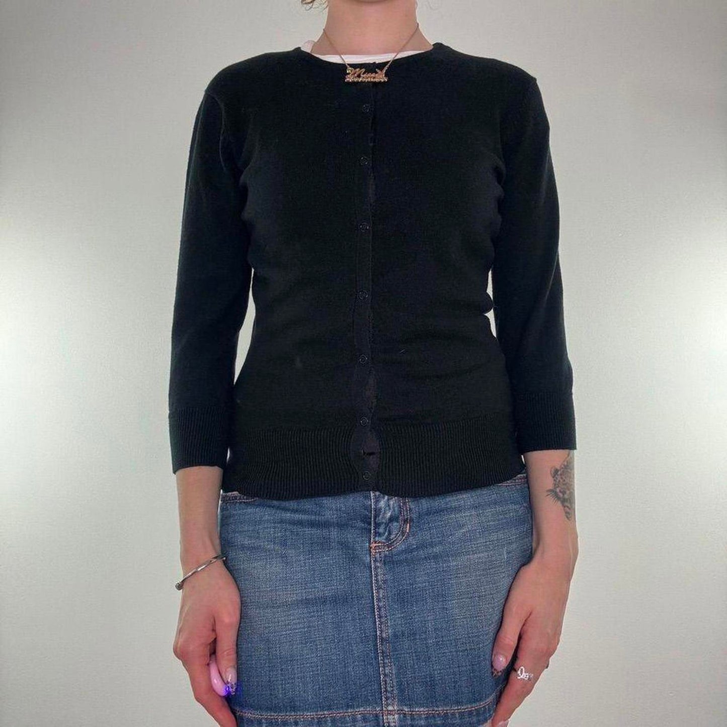 Y2K vintage fine knit button up cardigan popper buttons round high neck black