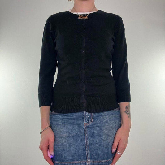 Y2K vintage fine knit button up cardigan popper buttons round high neck black
