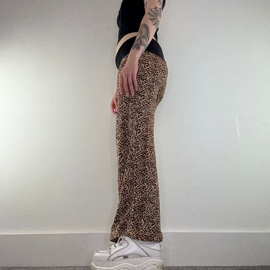 Y2K vintage leopard print velour fold over waistband flare trousers