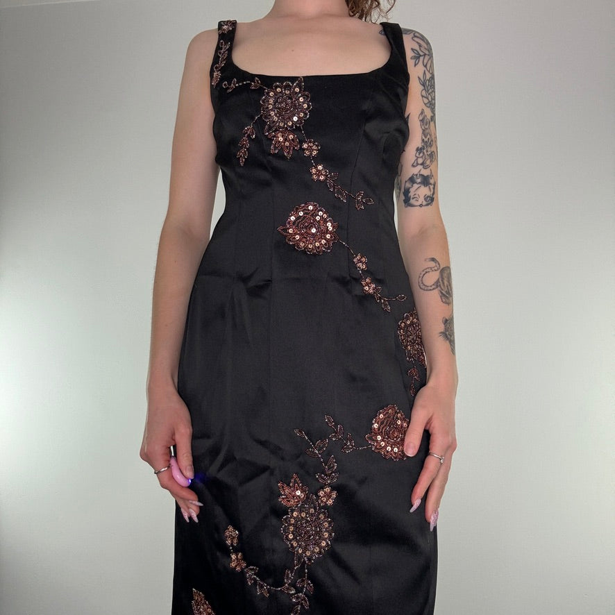 Y2K satin style floral embroidered lace up midi dress