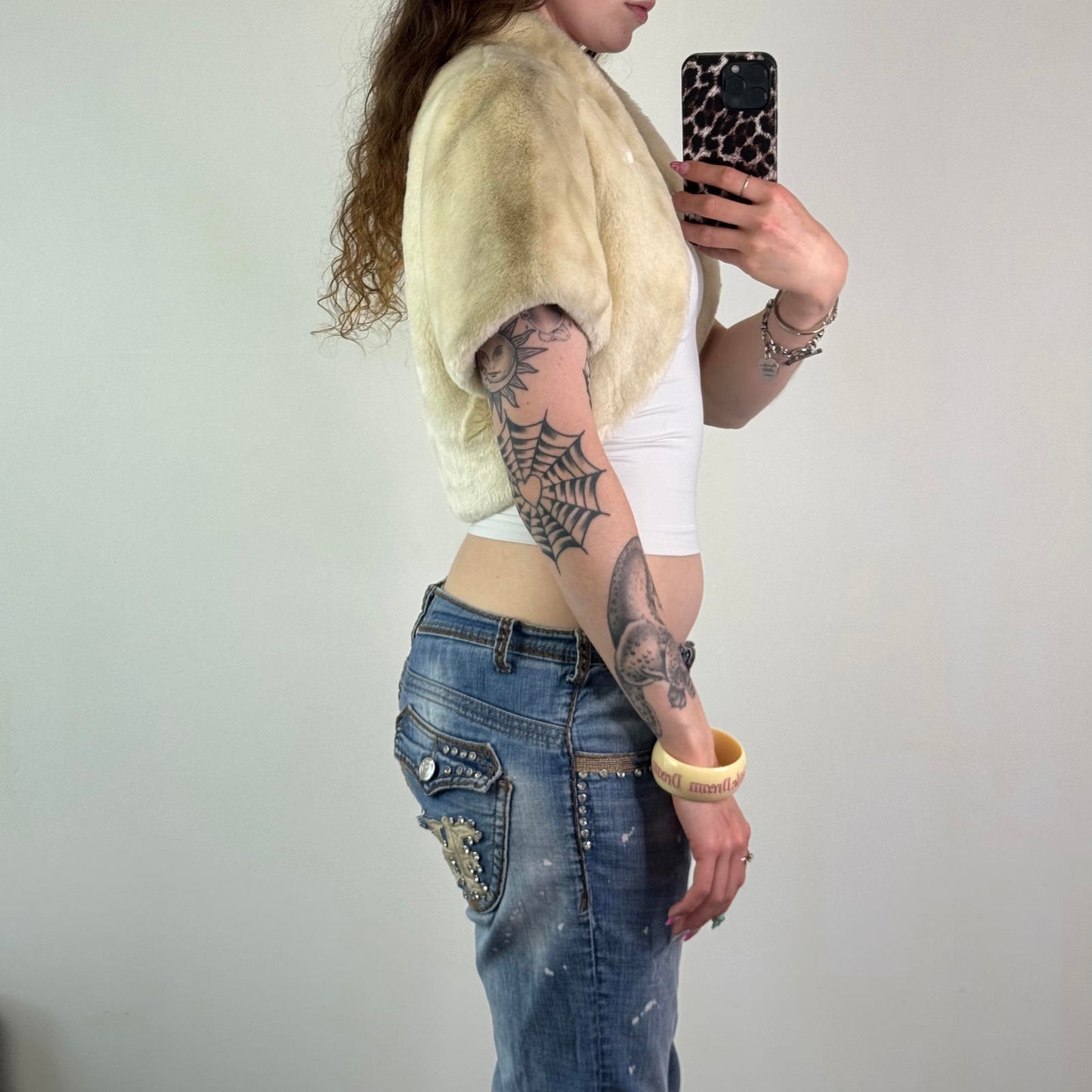 Y2K vintage faux fur open front cropped jacket short sleeve