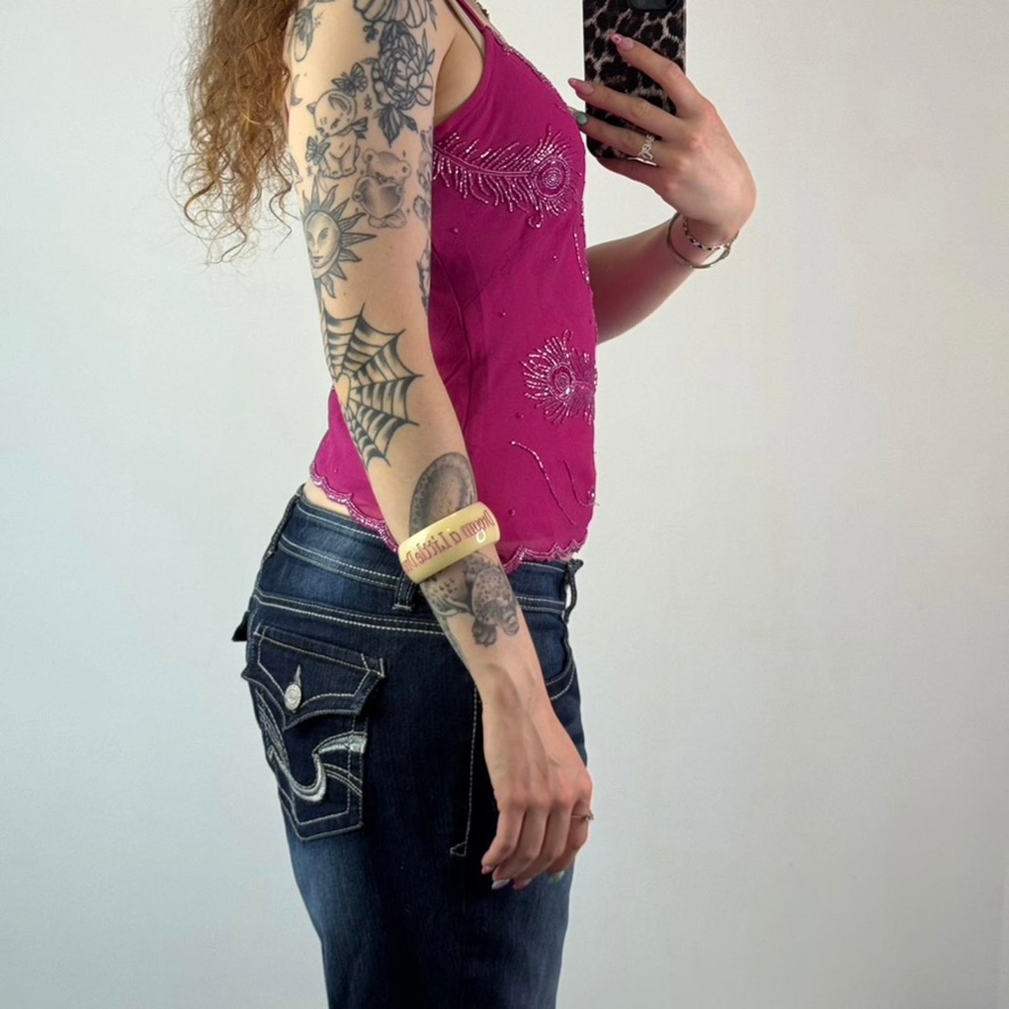 Y2K vintage Bay embellished strappy top floral feather racerback beaded pink