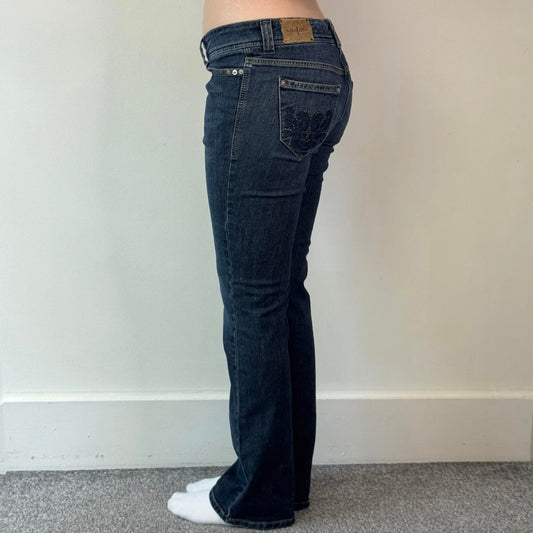 Y2K vintage low rise bootcut jeans dark denim embellished pockets mcbling