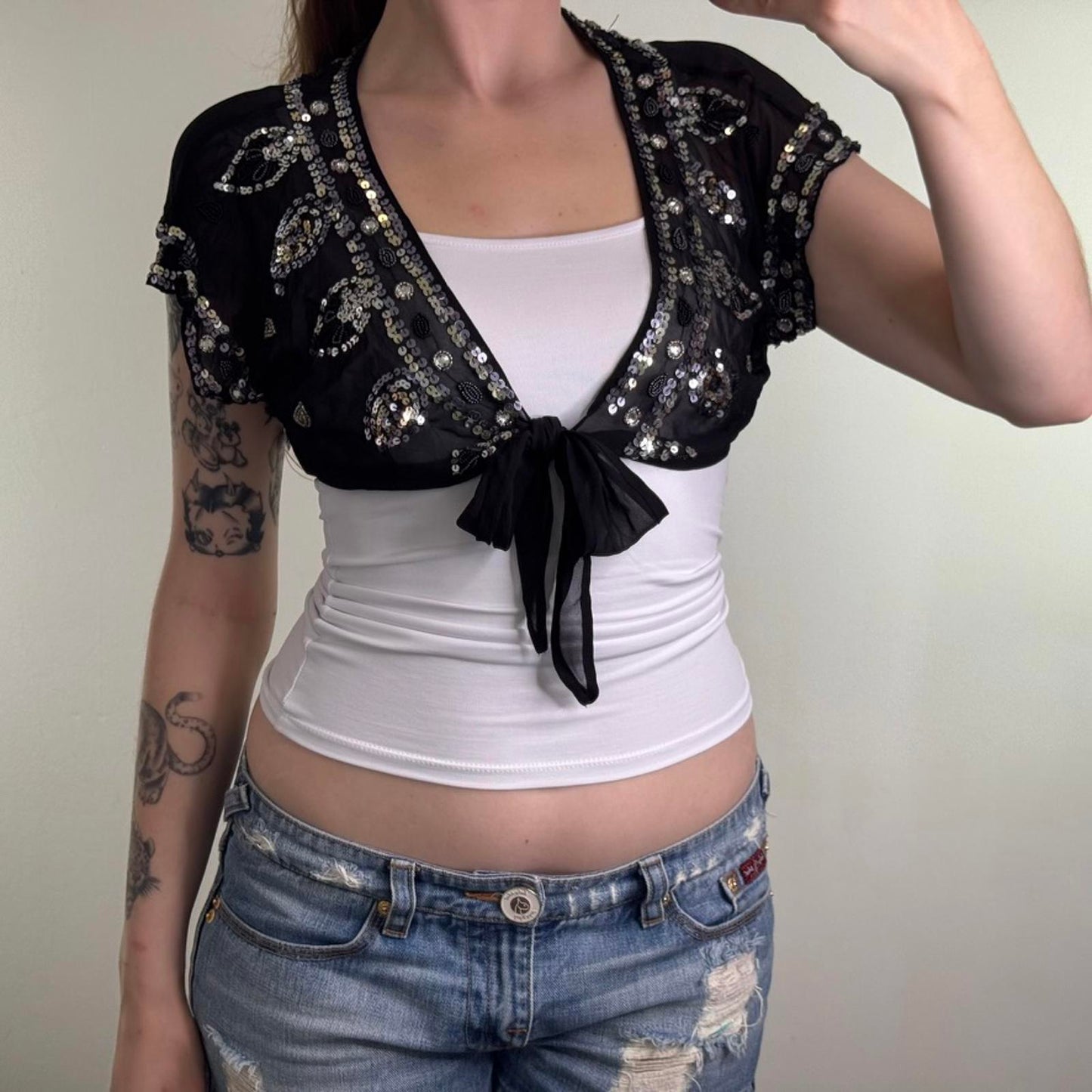 Y2K vintage 100% silk cropped cardigan shrug sheer beaded sequin bow embellished
