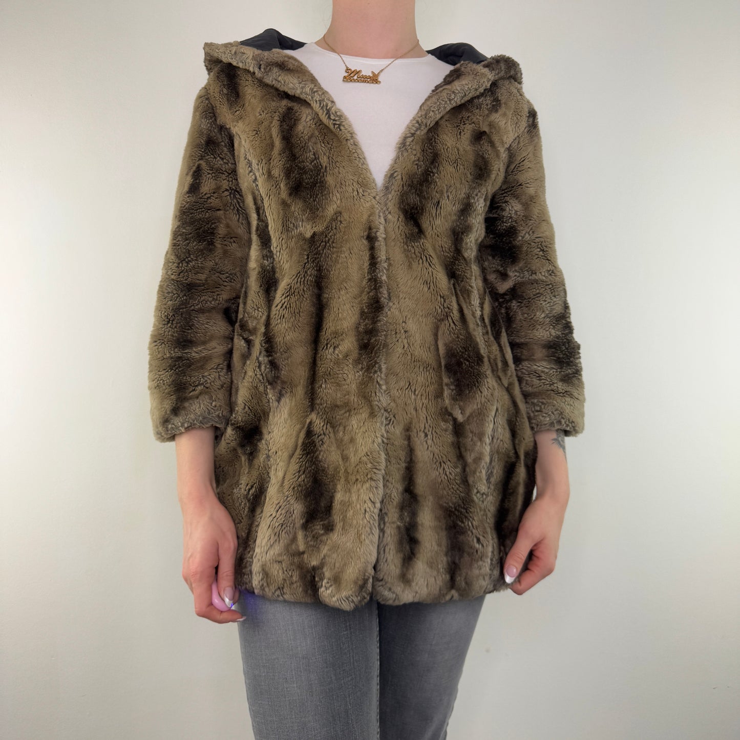 Y2K vintage faux fur coat striped oversized hood jacket archive