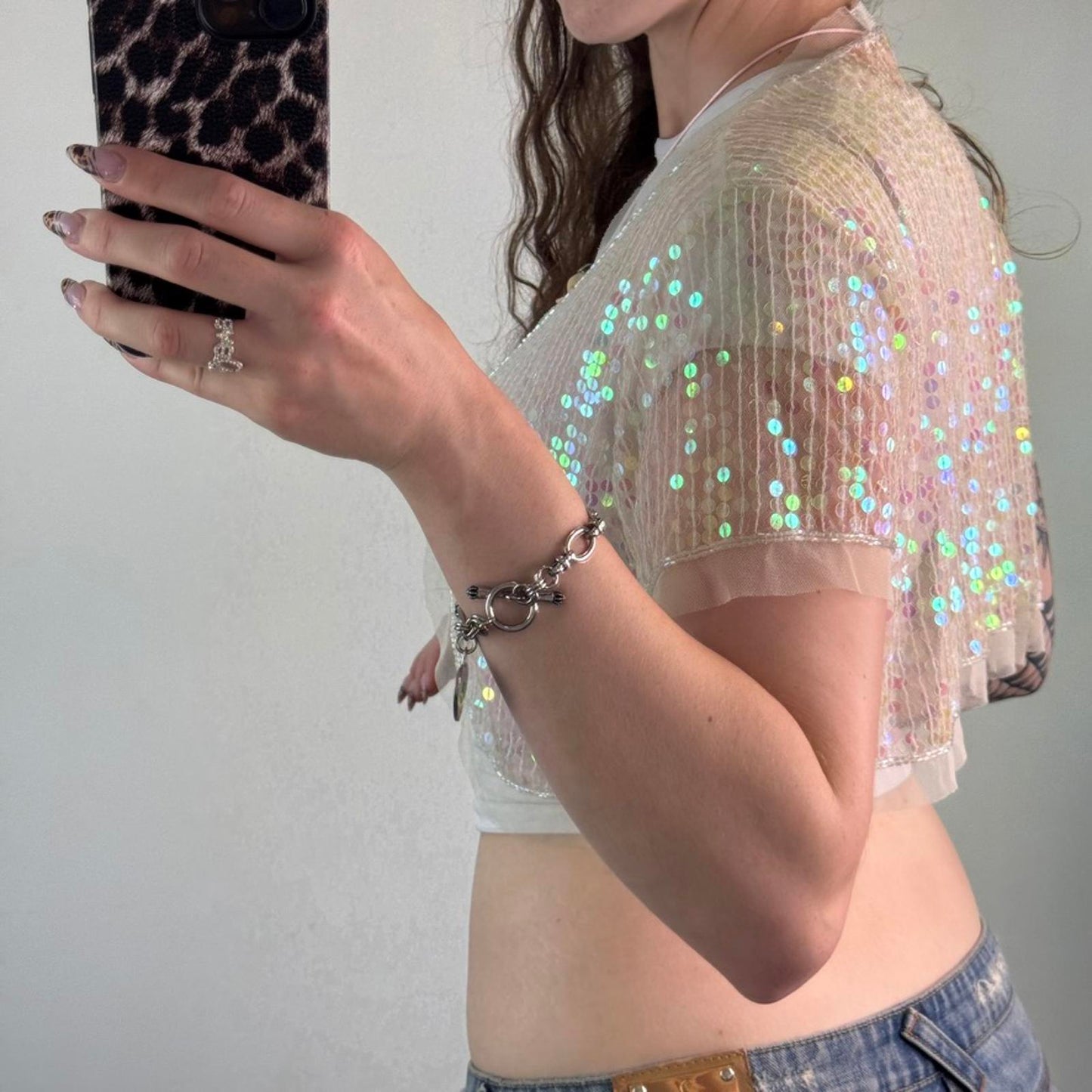 Y2K vintage sequin embellished mesh open front cropped cardigan short sleeve