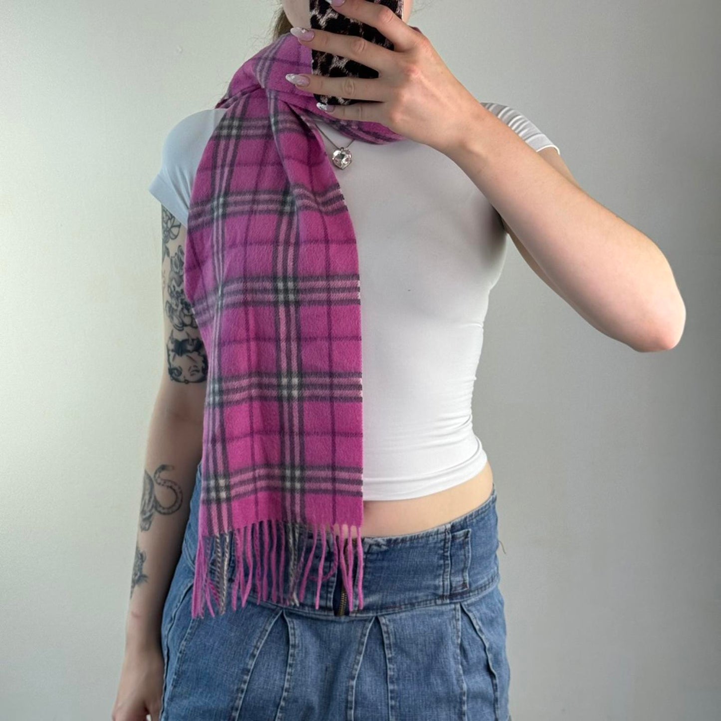 Y2K vintage 100% wool nova check print scarf pink black white