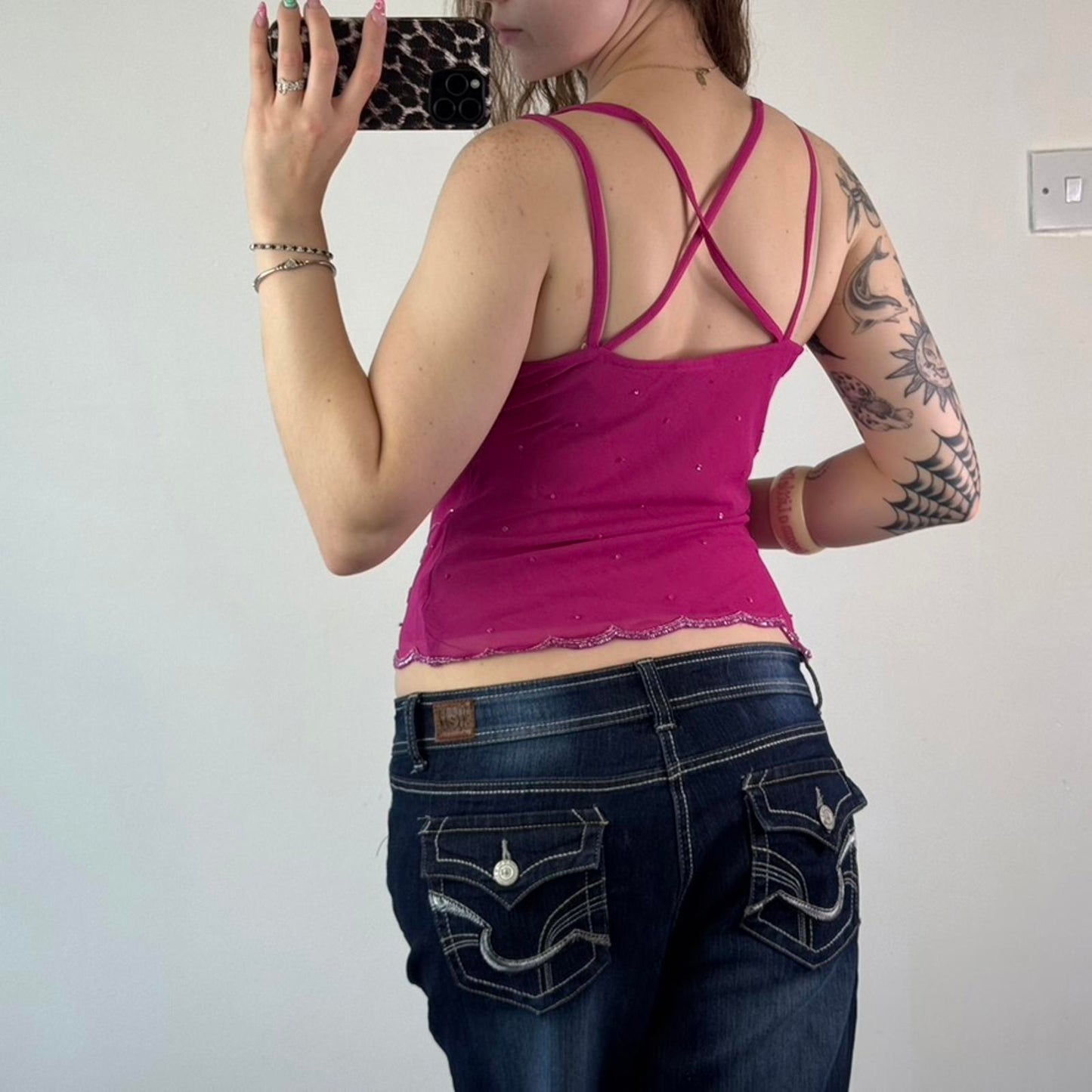 Y2K vintage Bay embellished strappy top floral feather racerback beaded pink