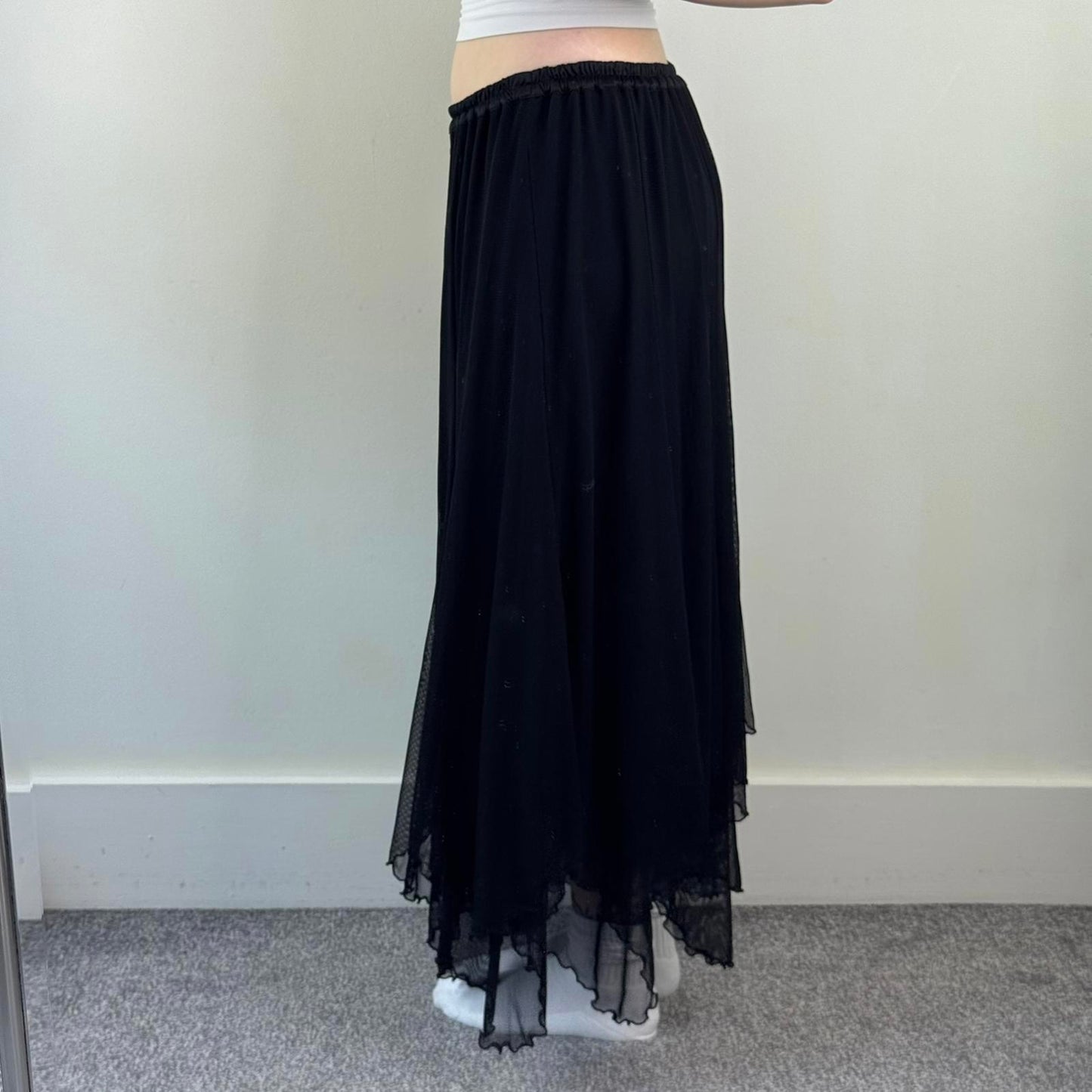 Y2K vintage mesh fishnet overlay maxi skirt lettuce asymmetrical hem stretchy