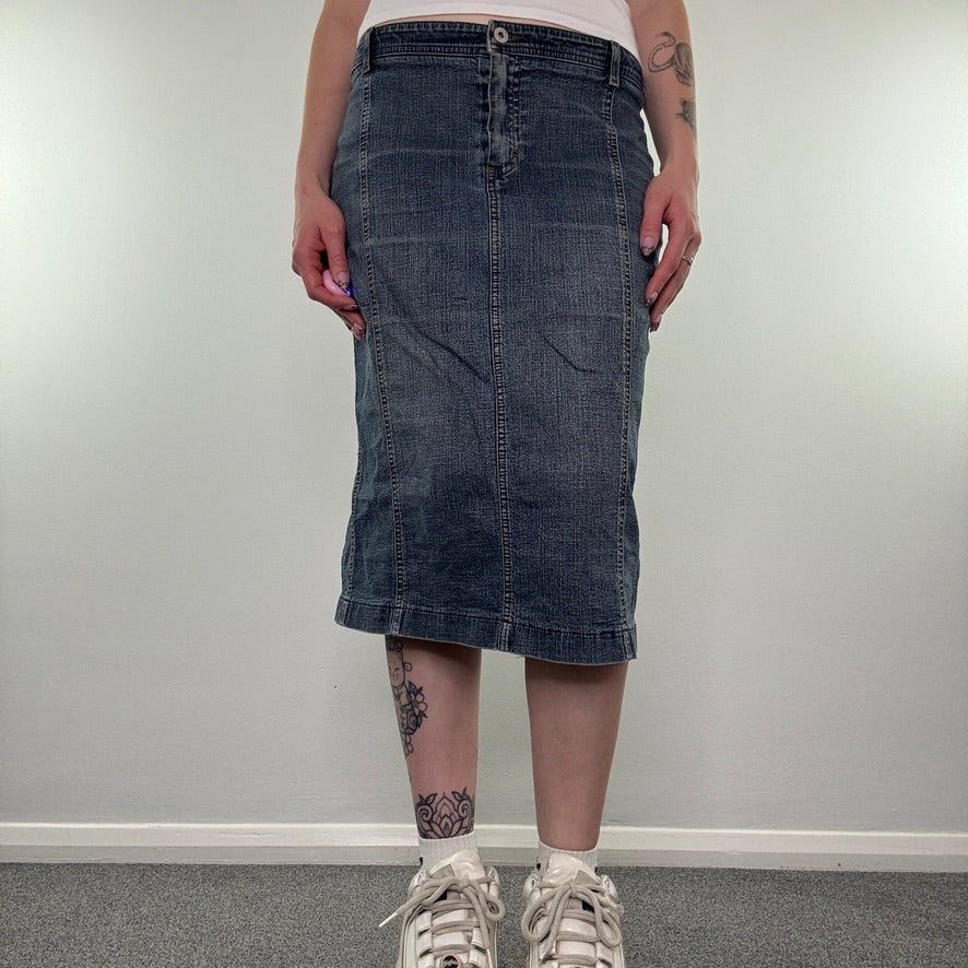 Y2K vintage low rise faded denim midi skirt