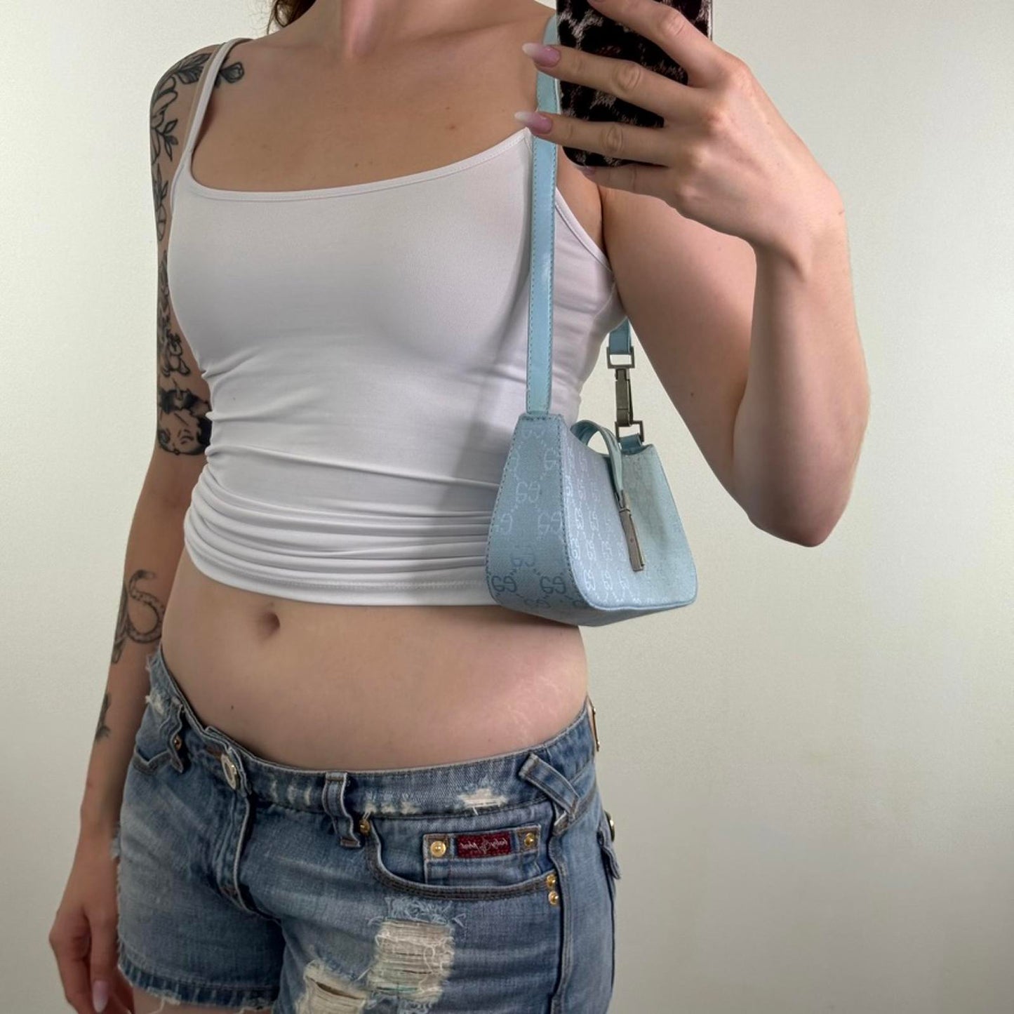 Y2K vintage canvas mini shoulder bag baby blue baguette silver