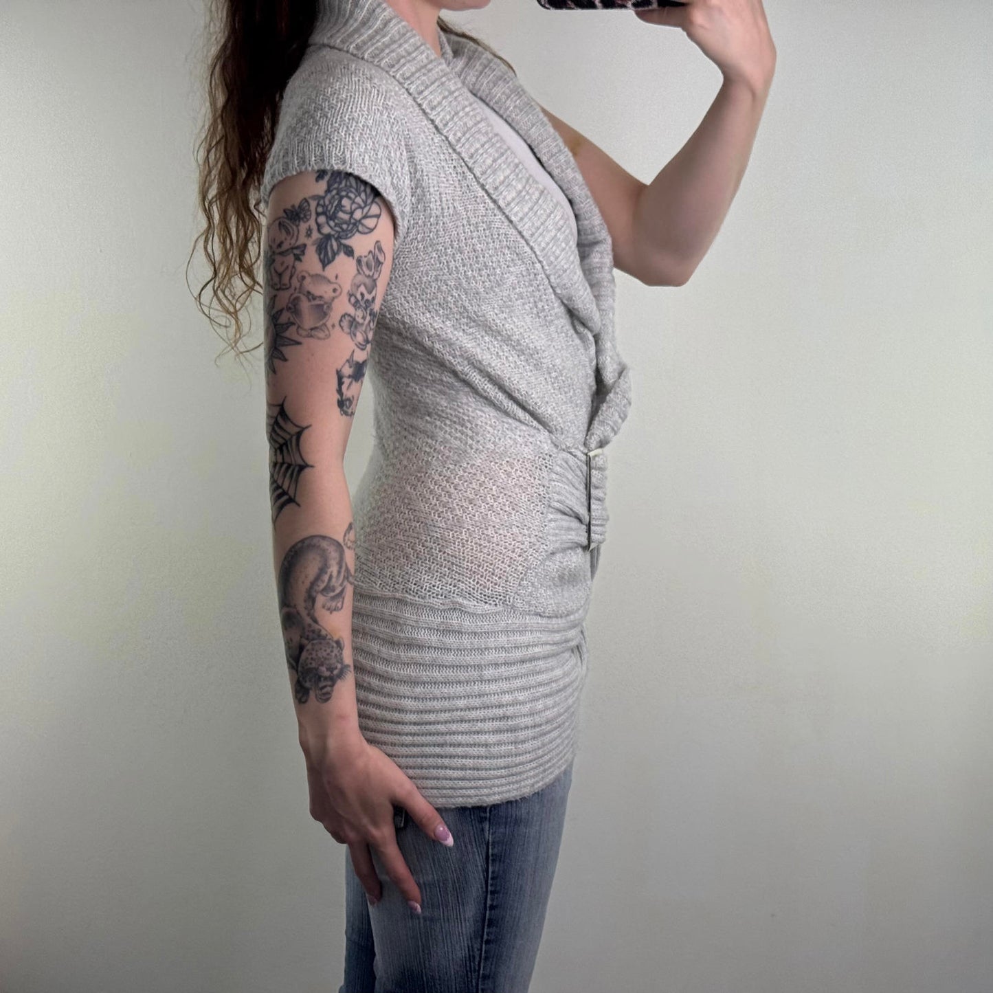 Y2K vintage Jane Norman short sleeve knitted jumper side buckle deep v neck