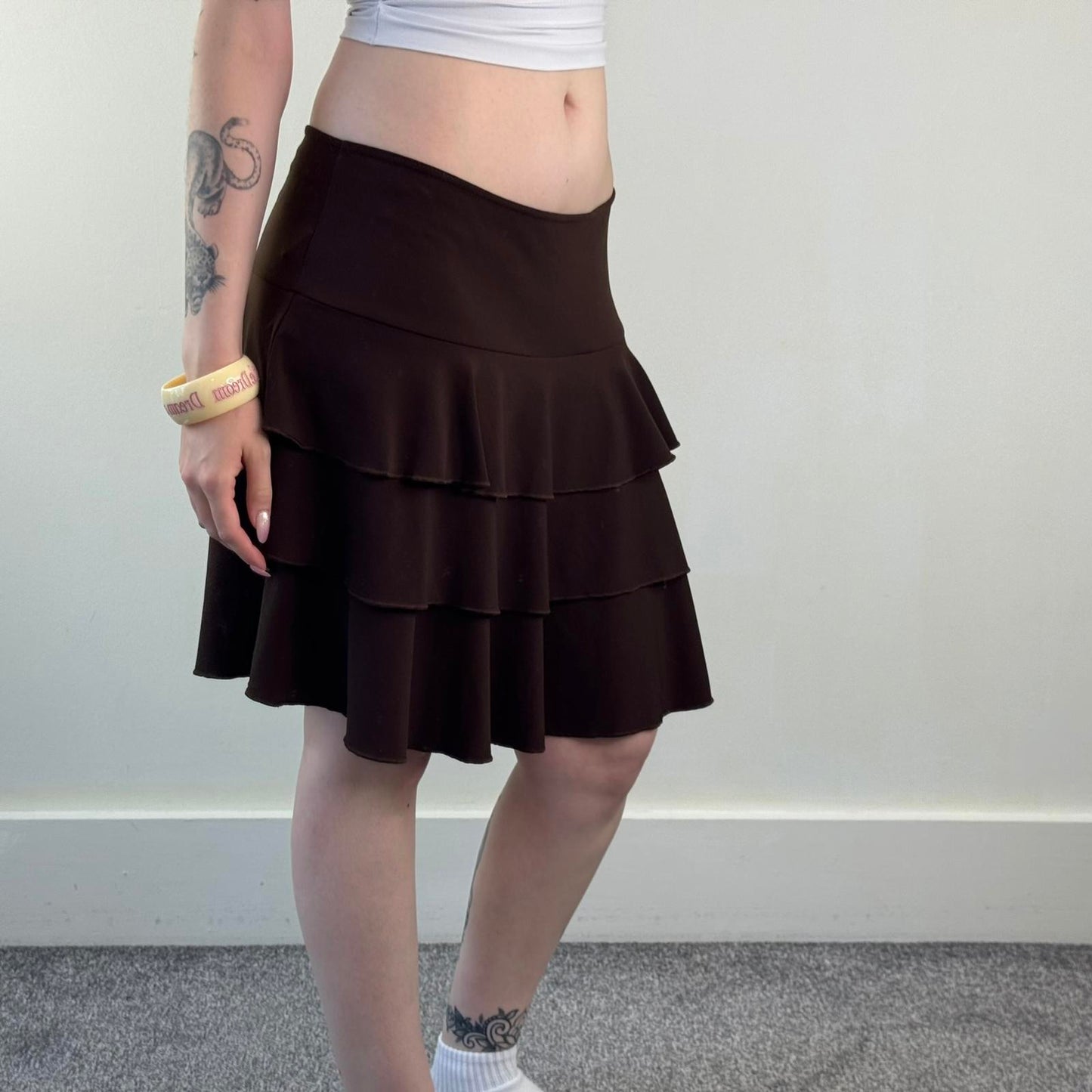 Y2K vintage tiered midi skirt stretchy knee length brown a line