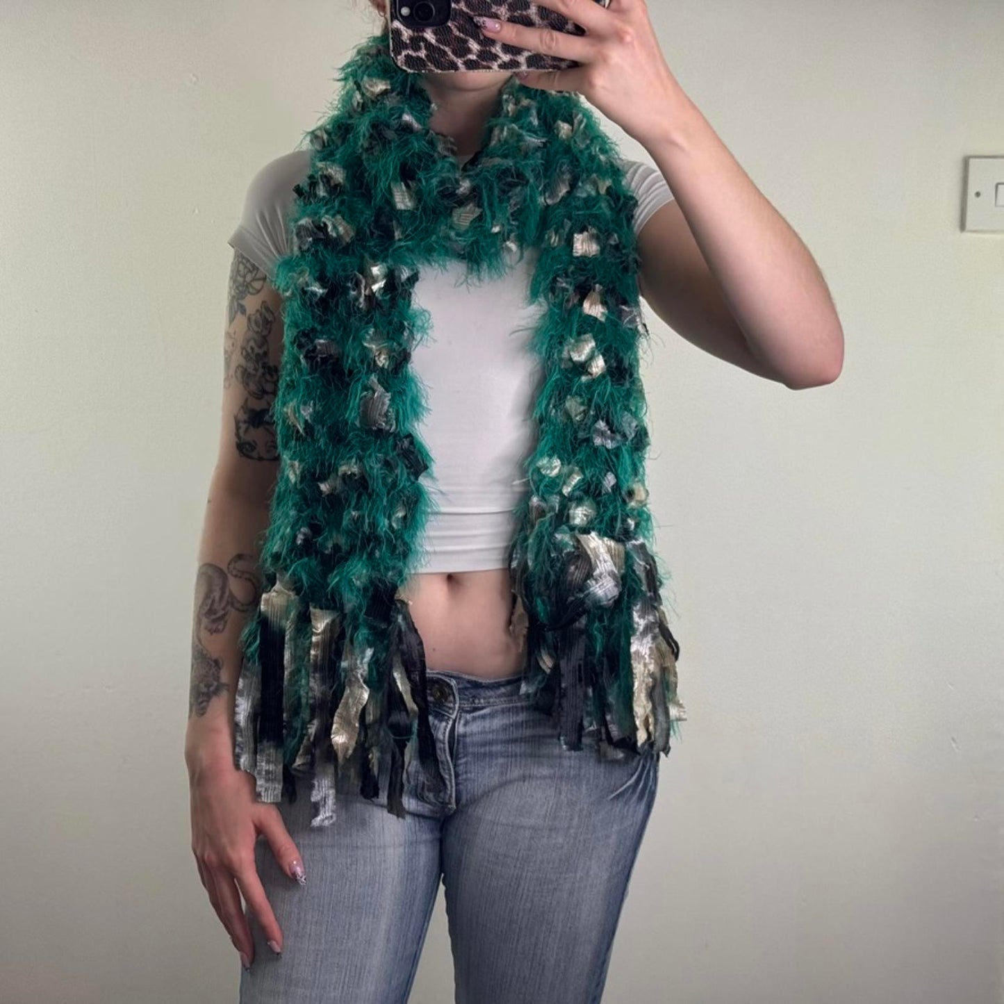Y2K vintage Phase Eight chunky fluffy scarf green grey cream shaggy