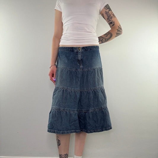 Y2K tiered faded denim midi skirt