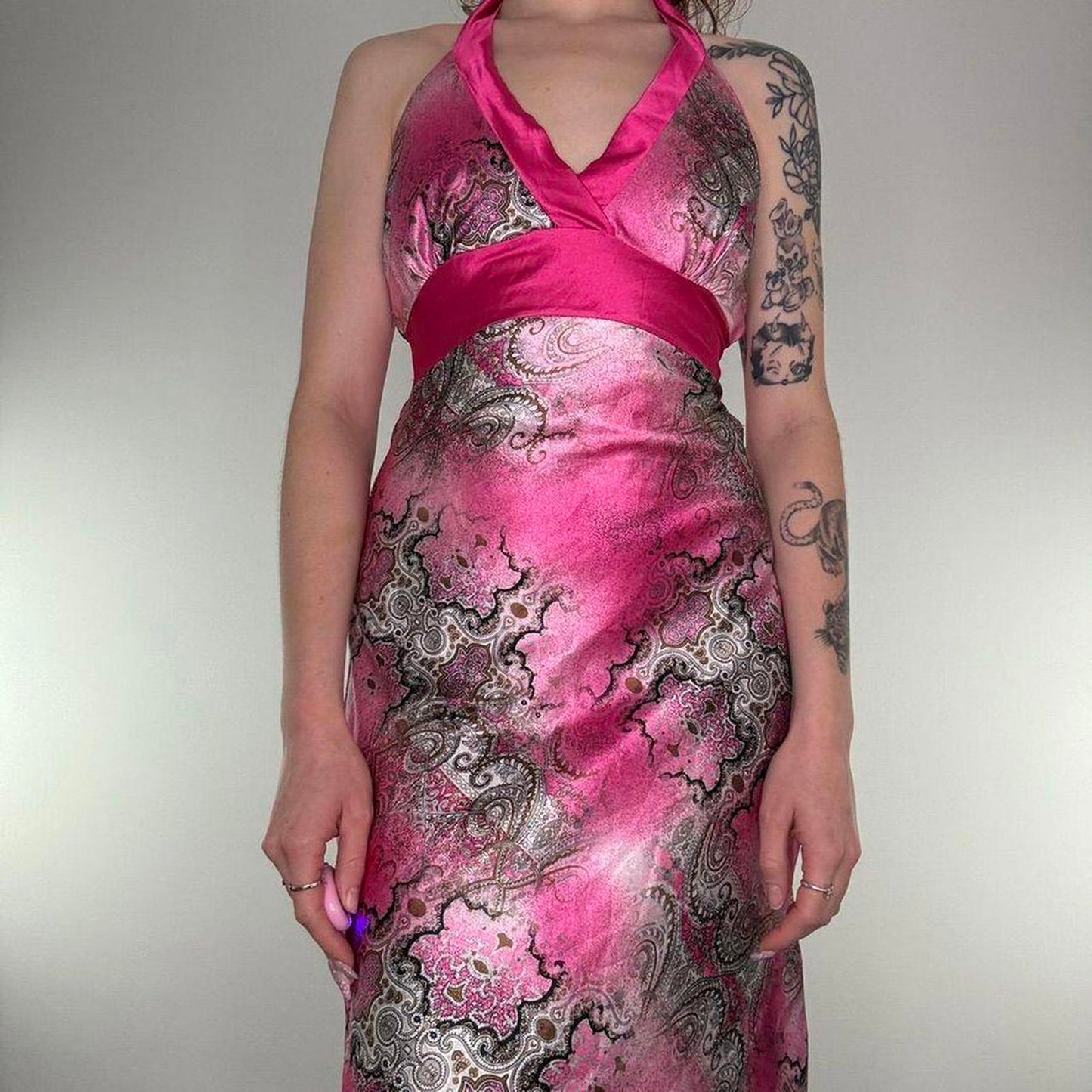 Y2K vintage ombre satin style floaty bow halter neck midi dress lightweight
