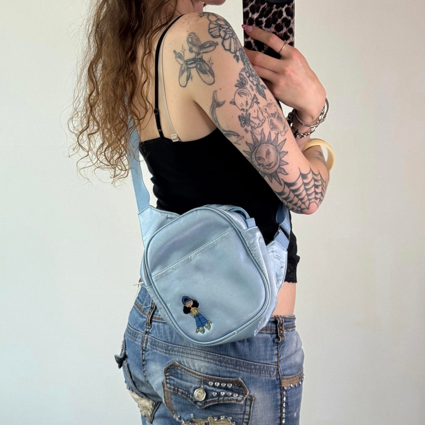 90s Y2K vintage satin cargo embroidered side crossbody bag baby blue small
