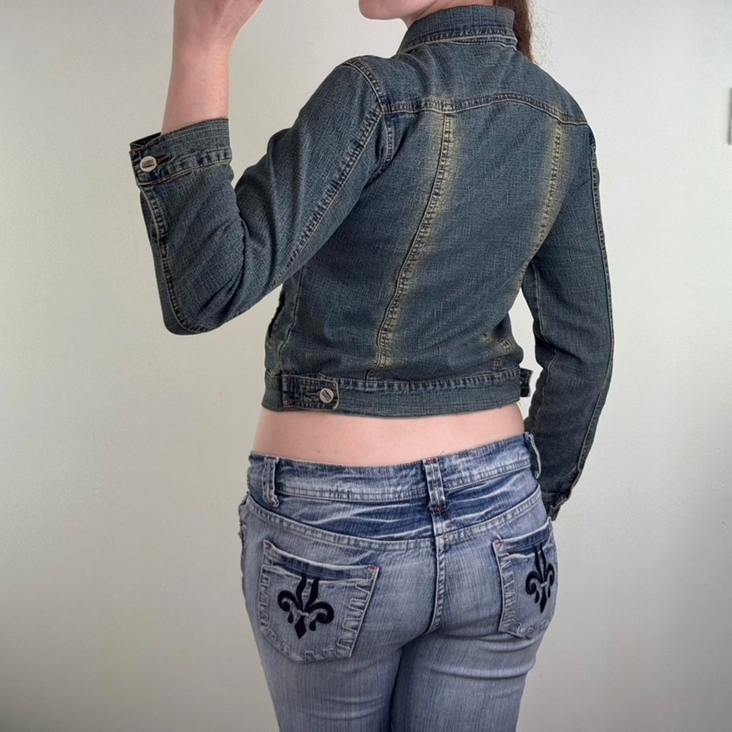 Y2K vintage fitted faded denim button up jacket dirty wash archive slight crop