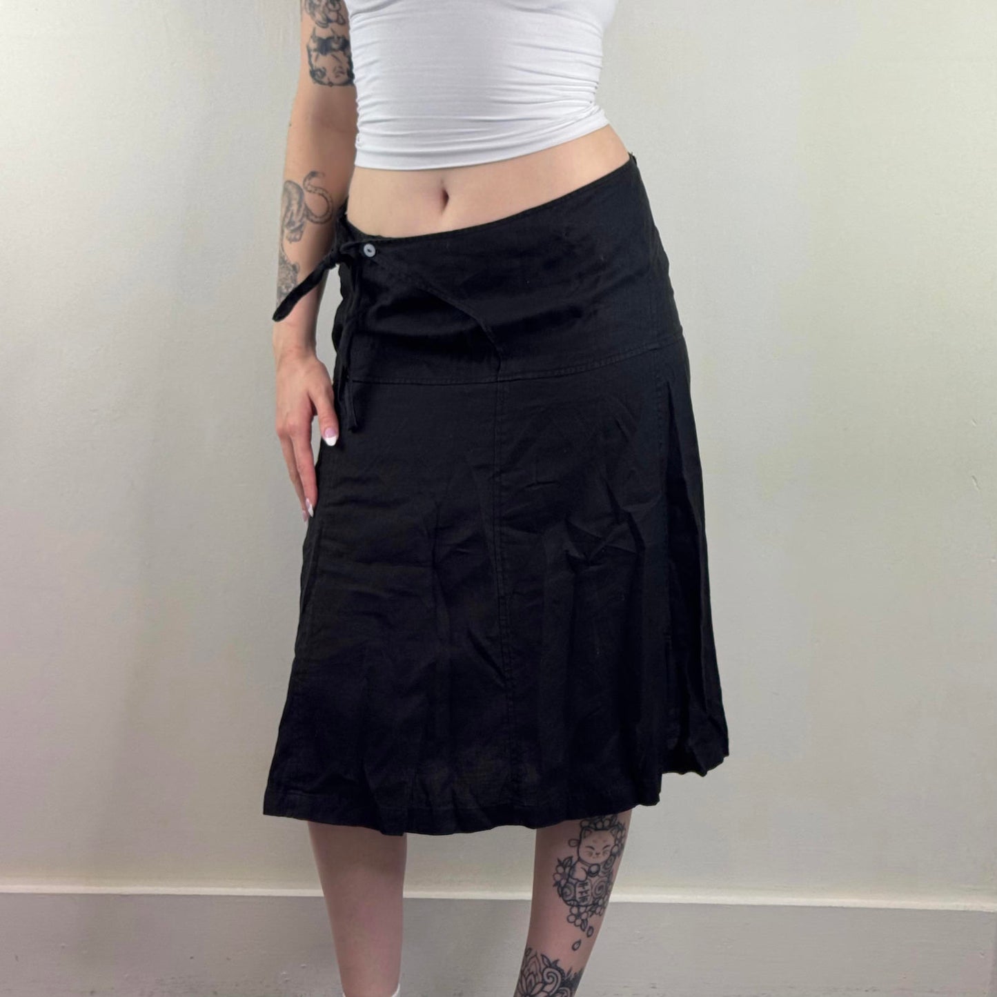 Y2K vintage 100% linen midi skirt wrap around knee length a line fit bow belt