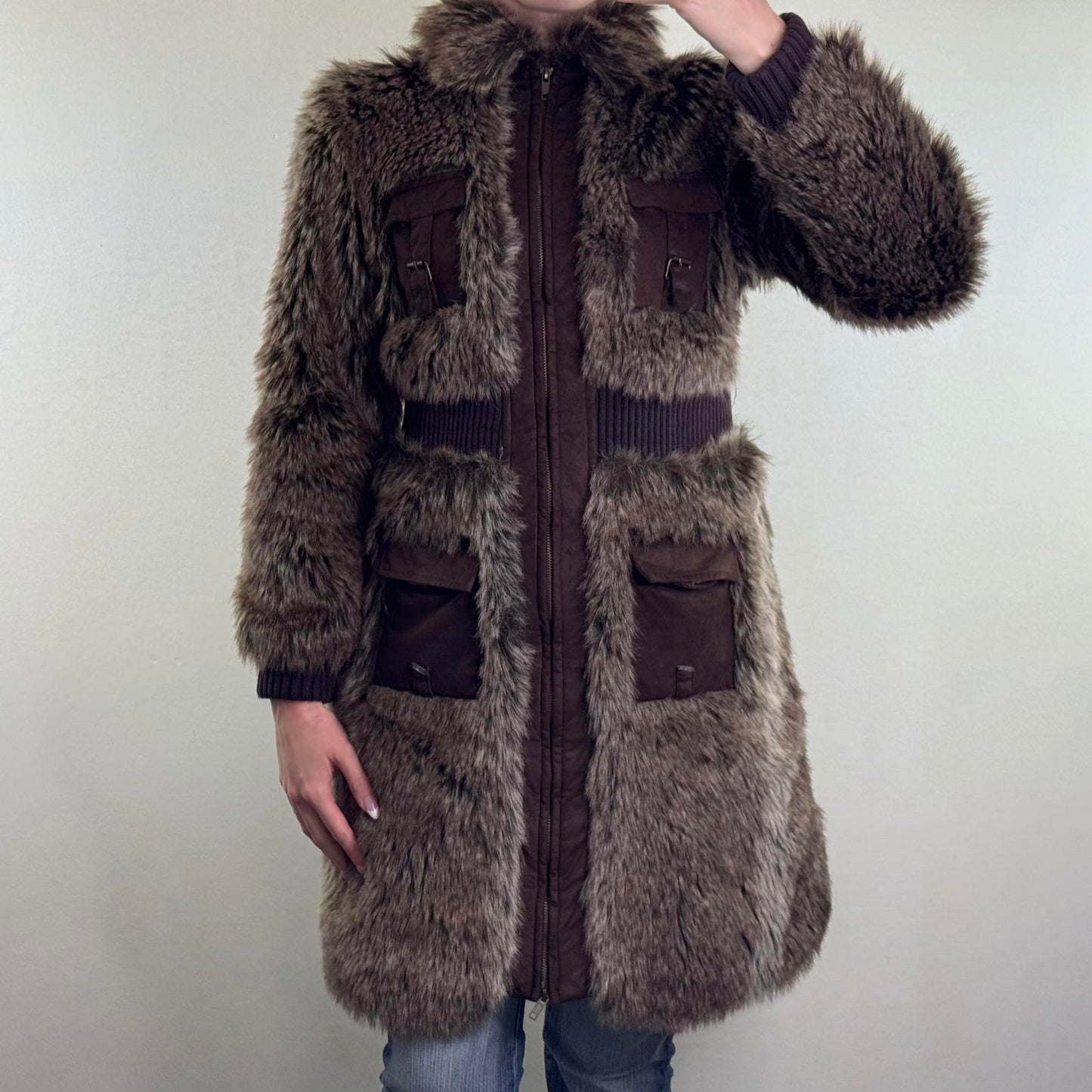 Y2K vintage faux fur long zip up coat cargo pocket faux suede ribbed cuffs