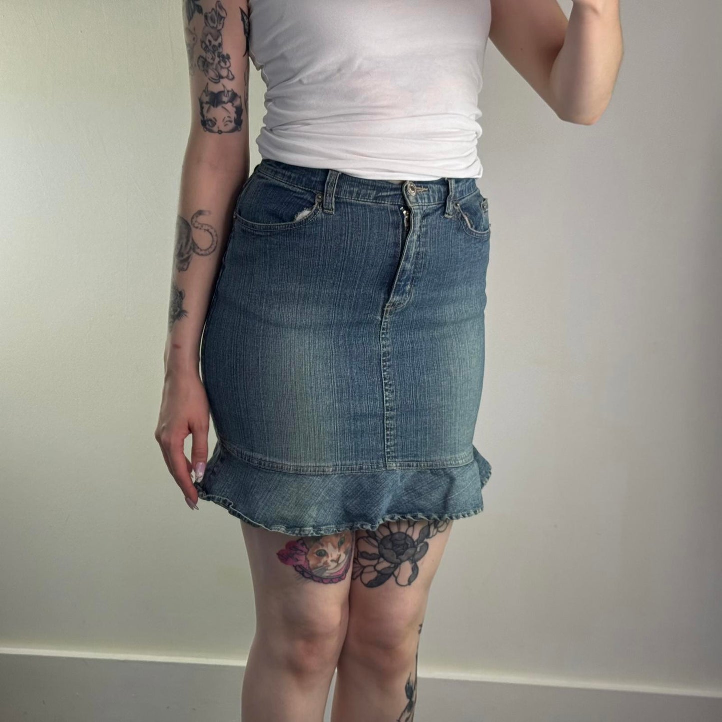 Y2K vintage Pilot faded denim mini skirt frill hem fitted stretchy