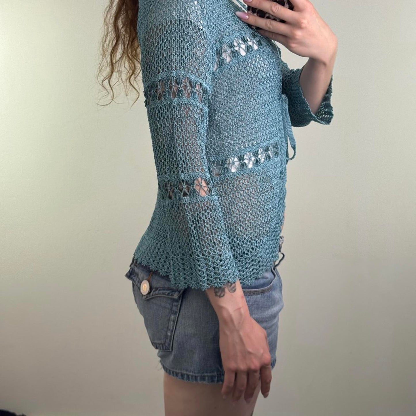 Y2K vintage crochet cardigan long sleeve tie bow turquoise scallop hem v neck