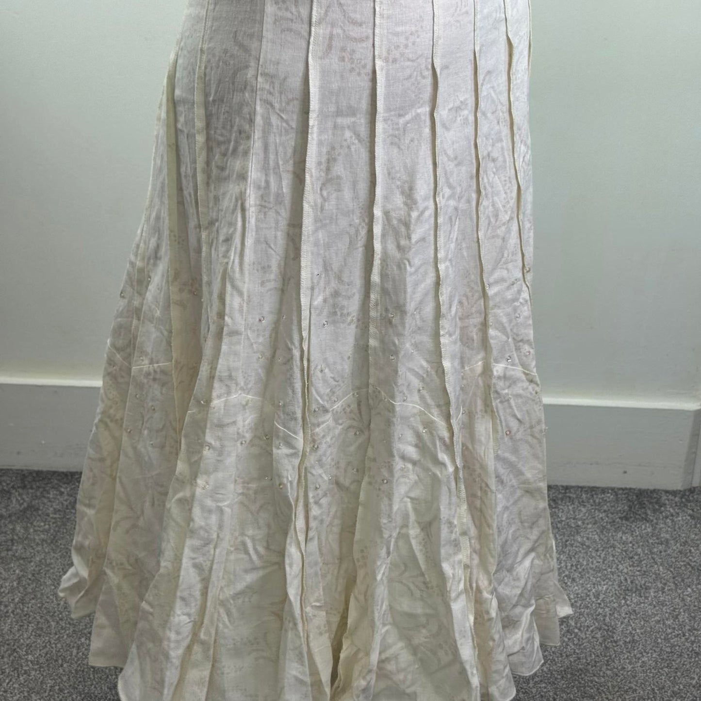 Y2K vintage linen blend maxi skirt floral pattern sequin beaded a line pleated