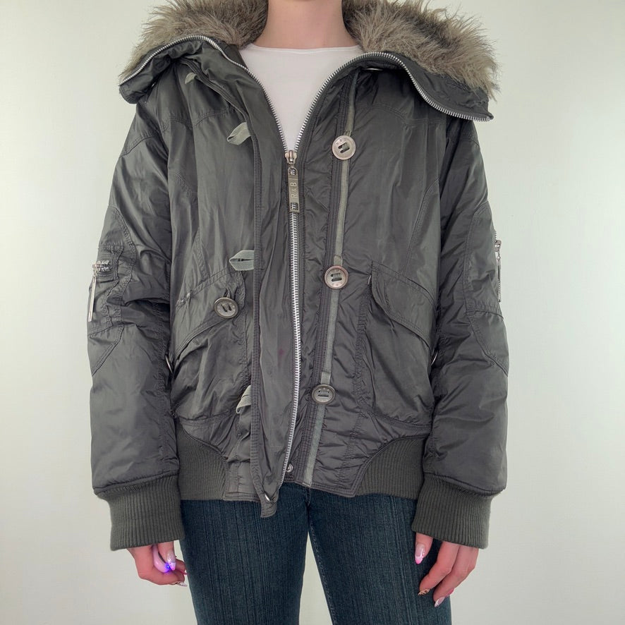 Y2K vintage short puffer jacket zip up faux fur