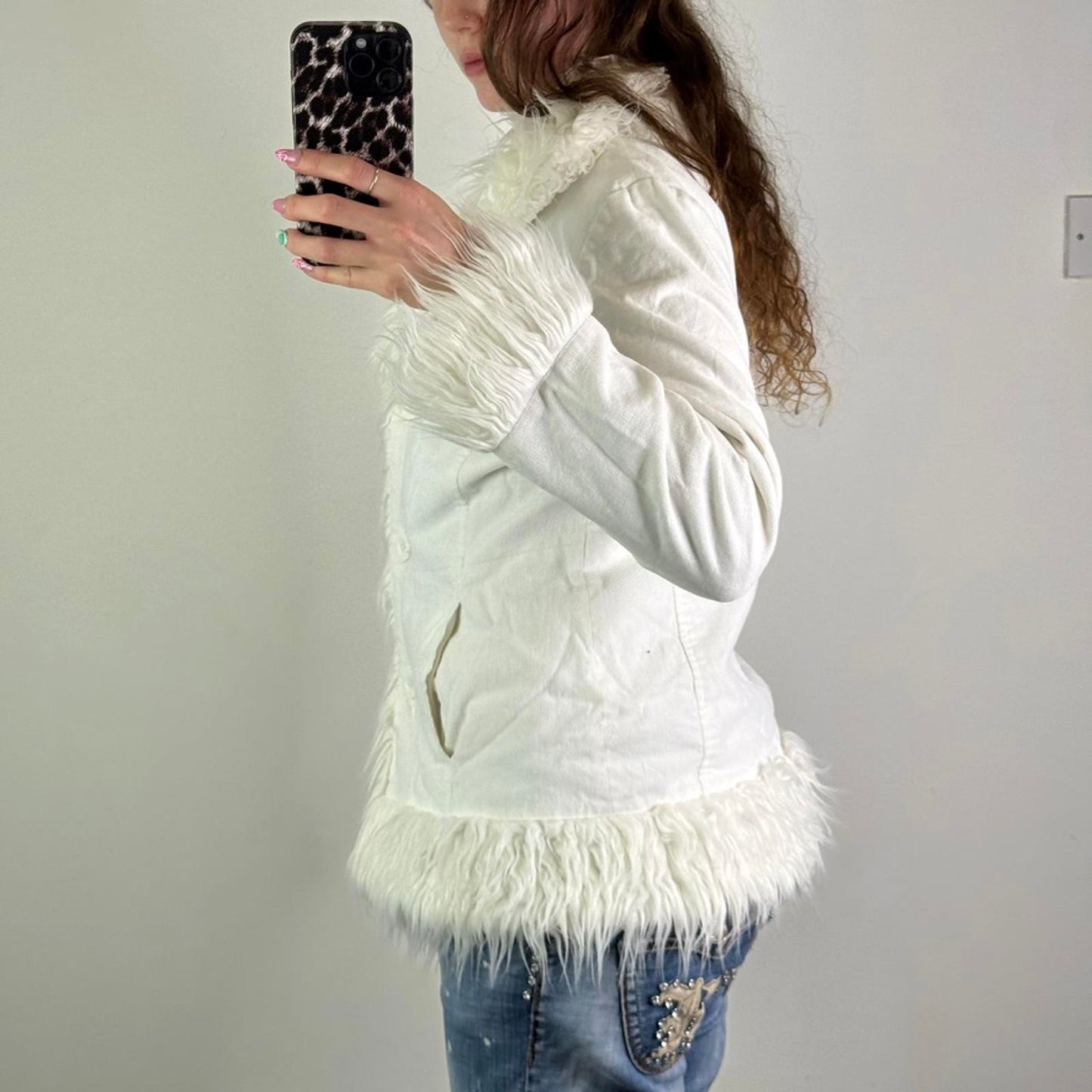 Y2K vintage afghan faux fur trim coat button up soft touch jacket white size 10