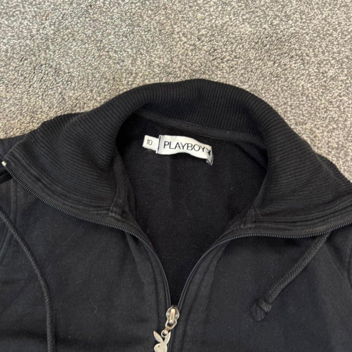 Y2K vintage Playboy cropped zip up jumper satin logo sporty black elastic waist
