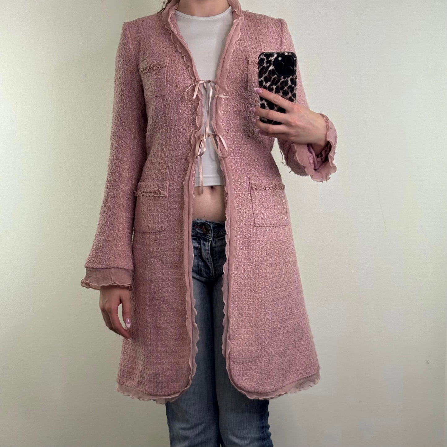 Y2K vintage wool blend long trench coat shoulder pads frill pink bow tweed