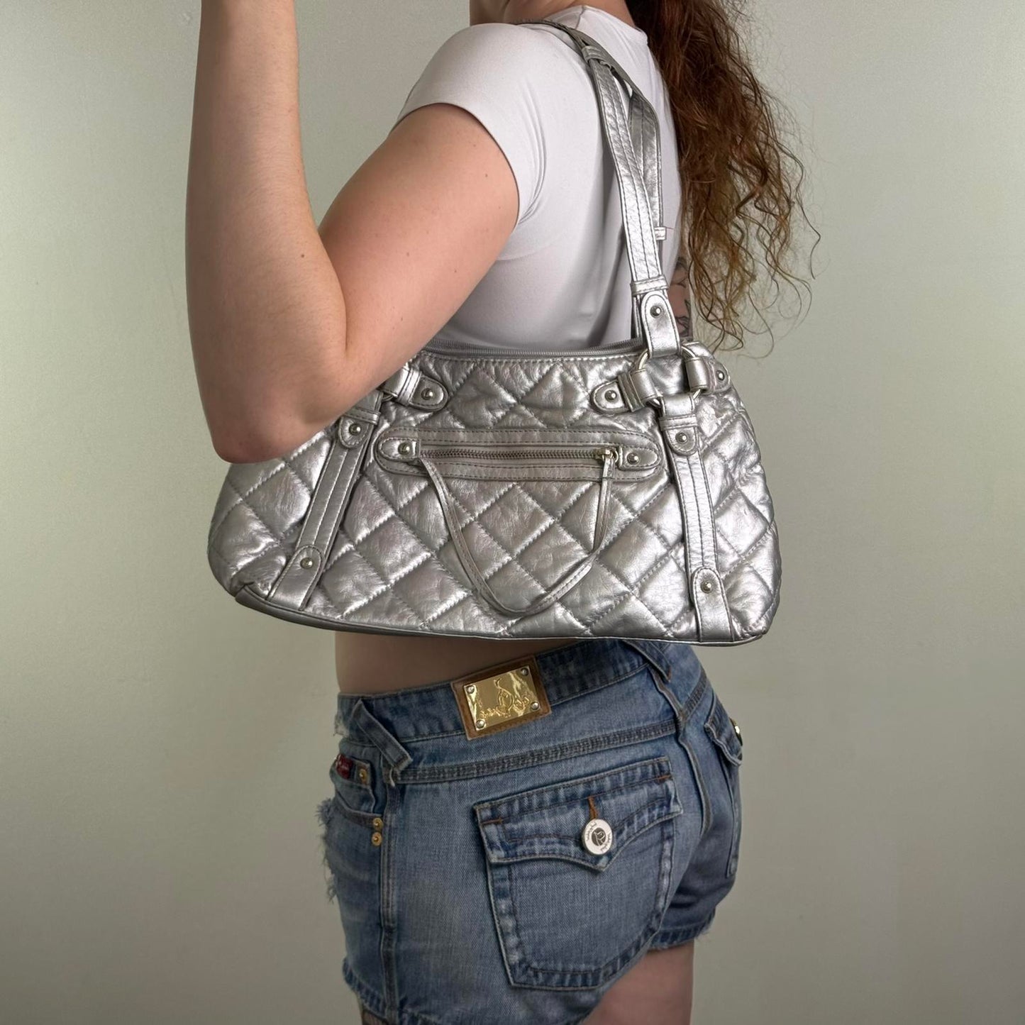Y2K vintage faux leather silver shoulder bag quilted zipper studded O ring