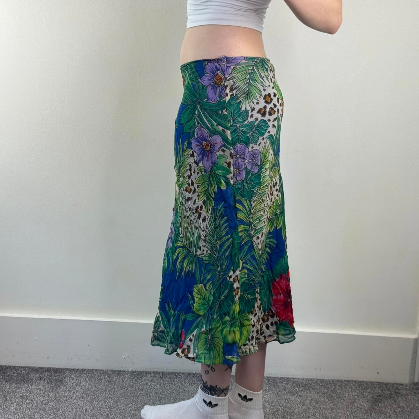 Y2K vintage low rise midi skirt beaded leopard print floral palm tree hibiscus