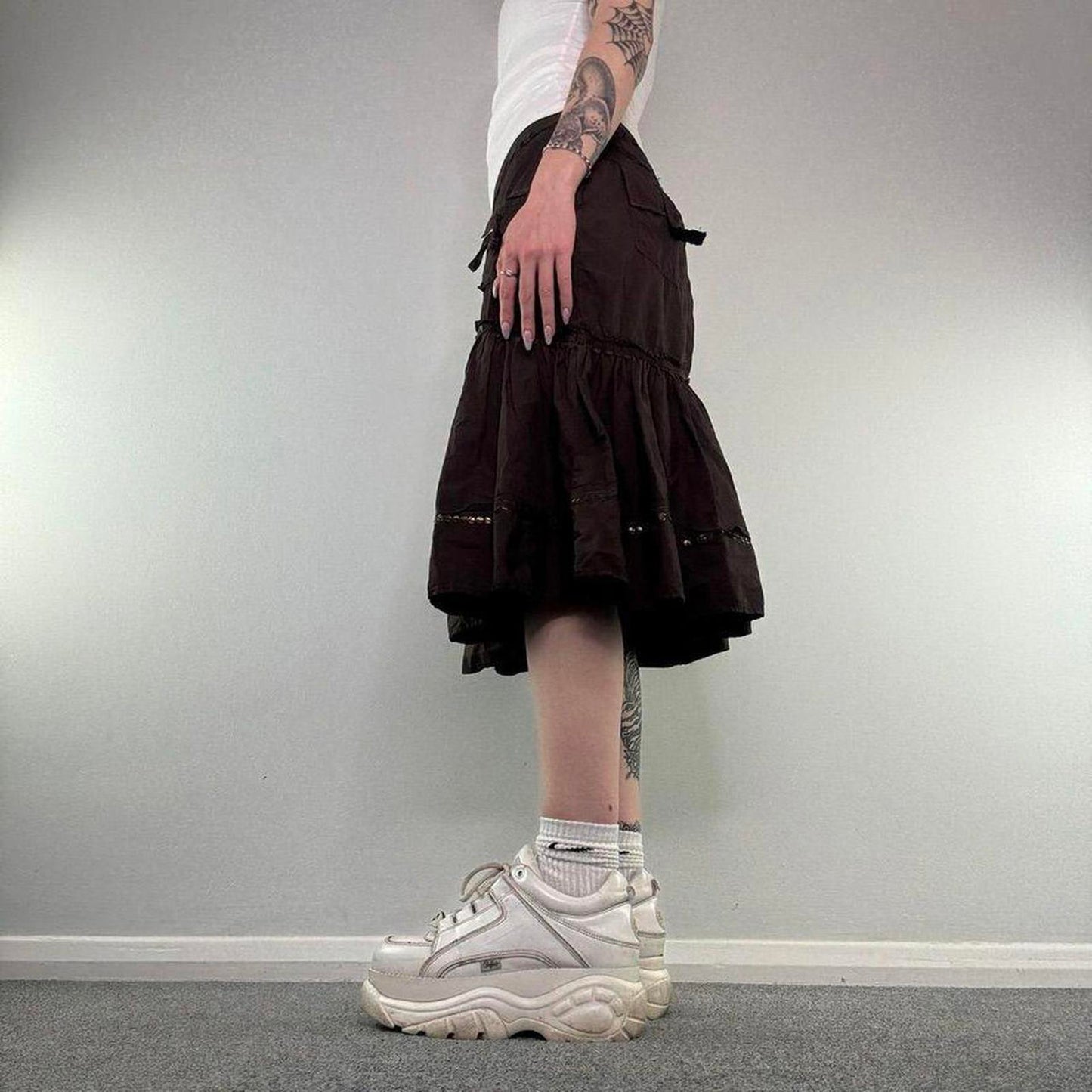 Y2K vintage asymmetrical cargo sequin midi skirt a line floaty embellished bow