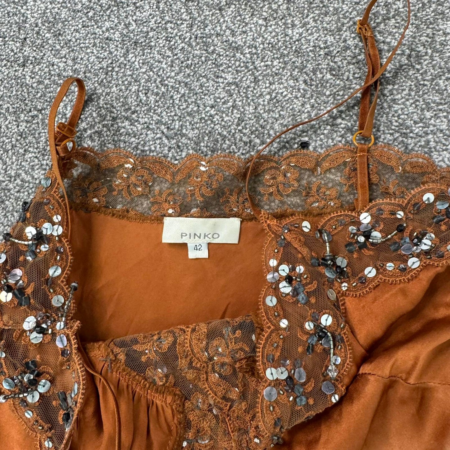 Y2K vintage Pinko 100% silk ombre sequin beaded embellished mini dress lace trim