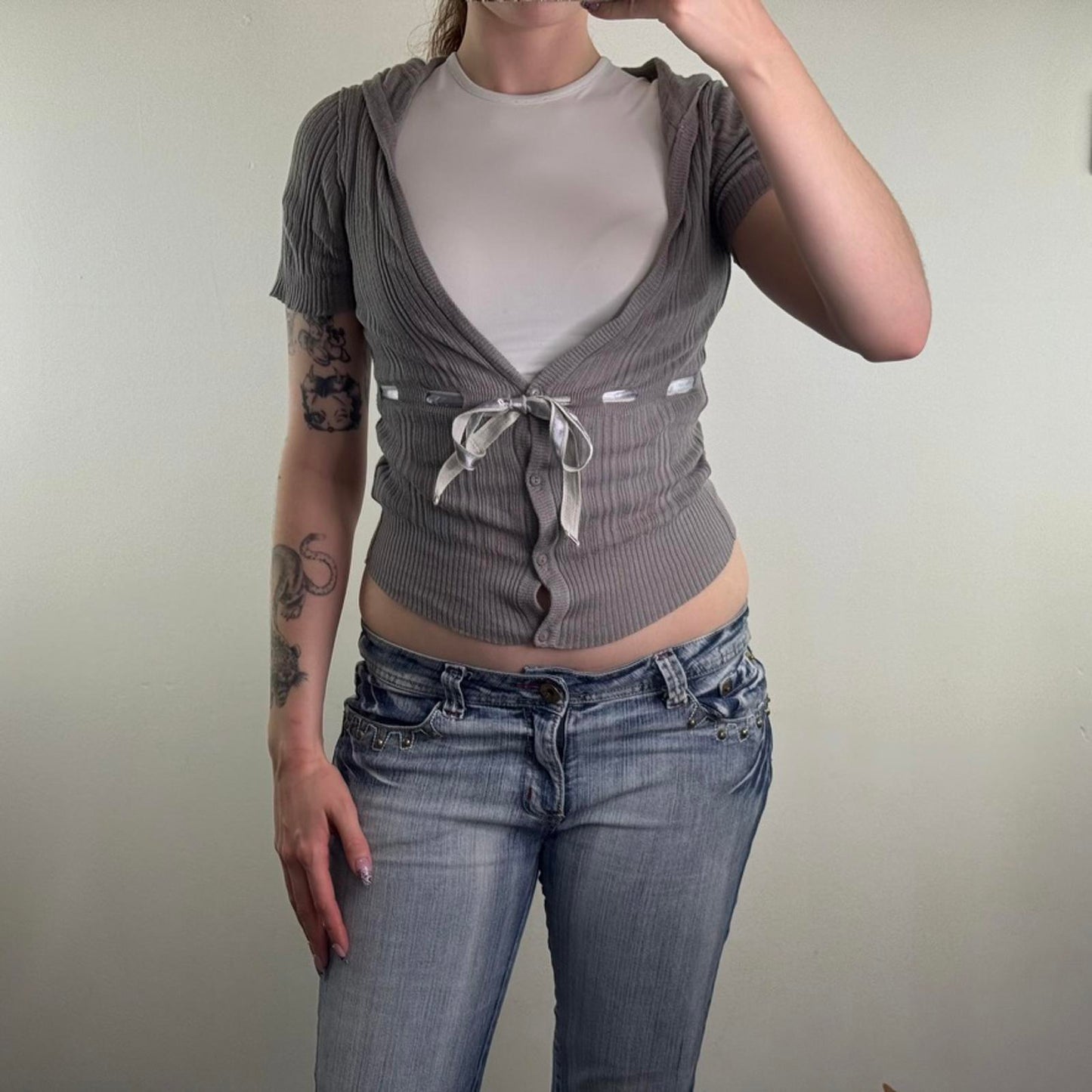 Y2K vintage fine knit short sleeve hoodie bow deep v neck low cut button up