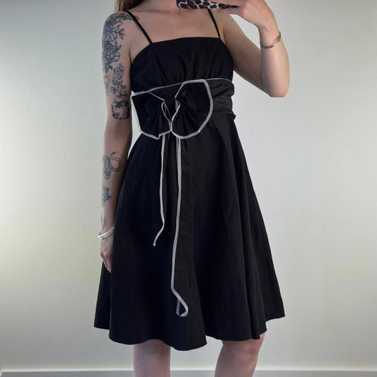 Y2K vintage a line midi dress oversized bow strappy ruched bust black white