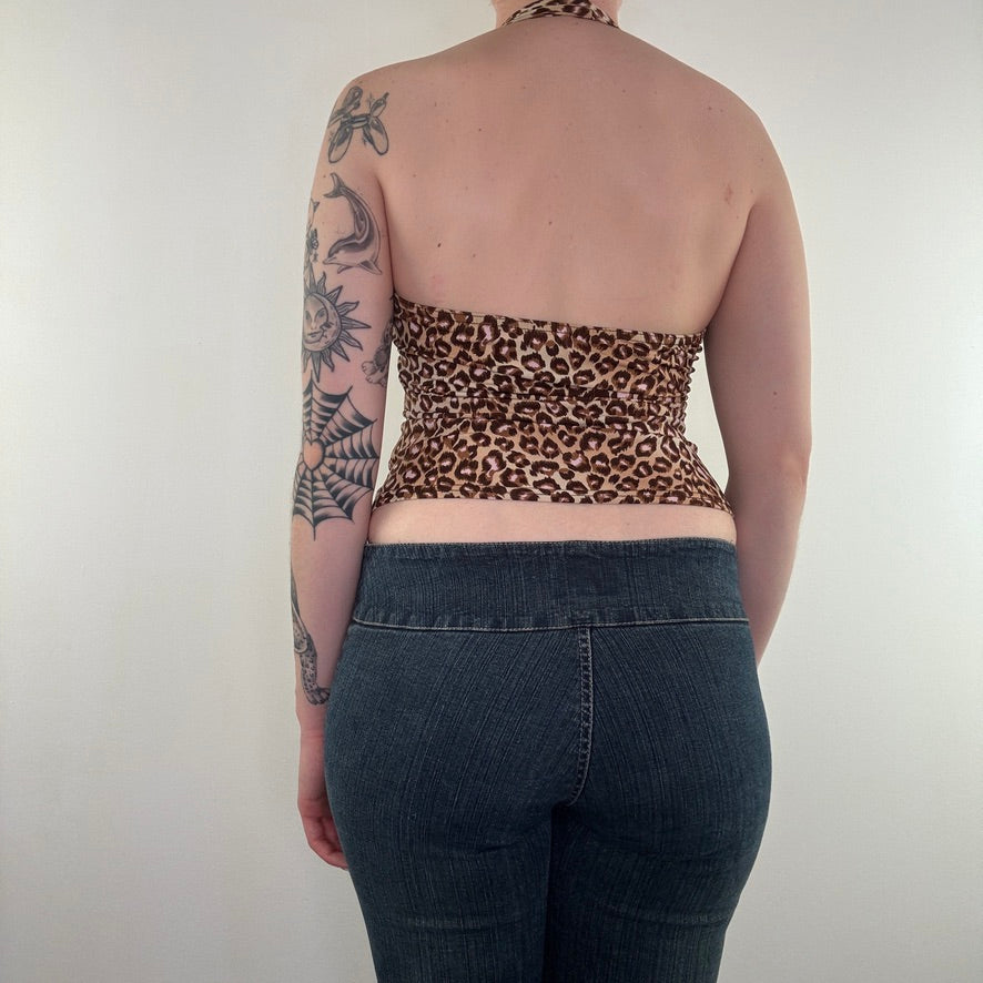 Y2K vintage leopard print halter neck ruched top