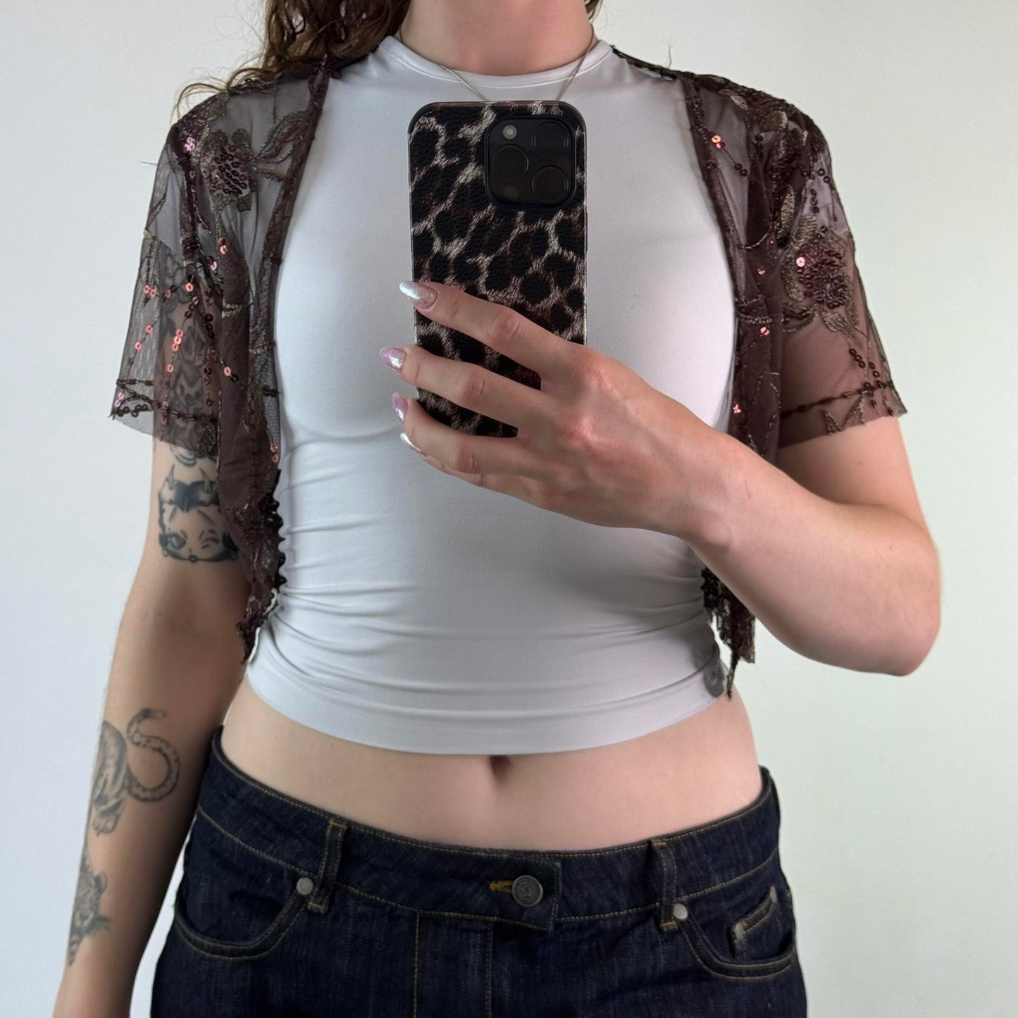 Y2K vintage mesh sequin cardigan short sleeve cropped open front scallop hem