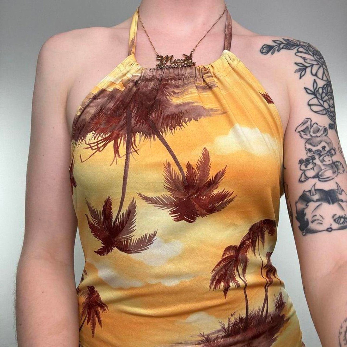 Y2K vintage stretchy summer sunset palm tree halter neck midi dress beach