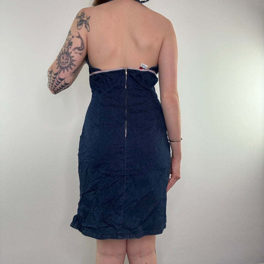 Y2K vintage Tommy Hilfiger halter neck stretchy denim midi dress